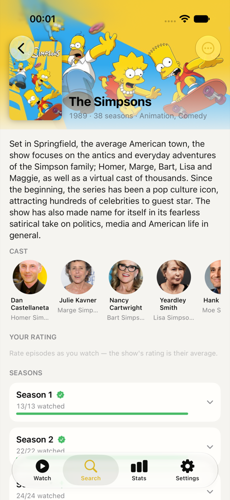 TV details screen with seasons, episodes, and watched progress