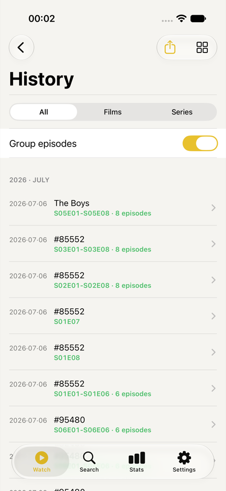 History screen showing dated watched entries and episode codes