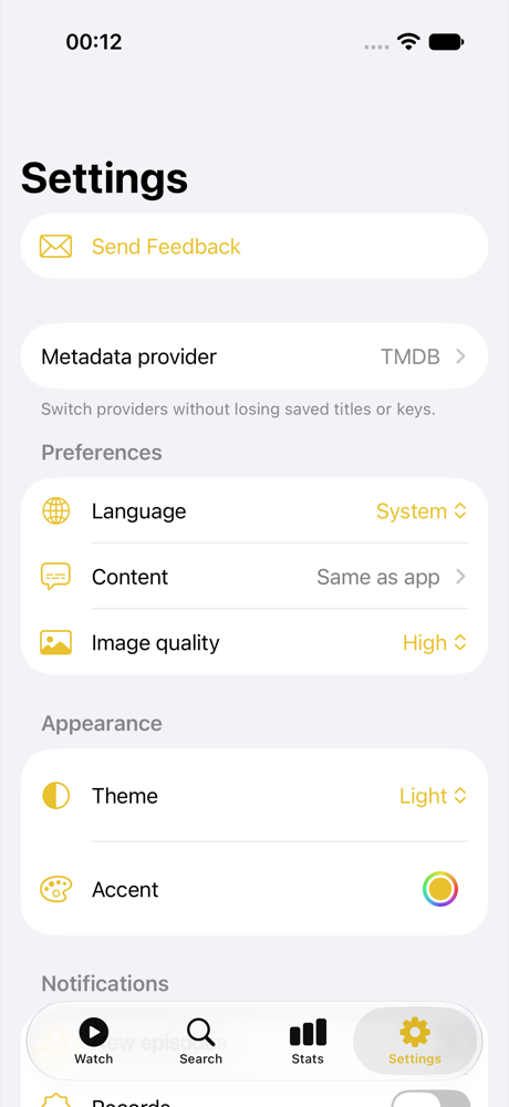 Visto settings preview showing offline first privacy, catalog choice, iCloud, and JSON export