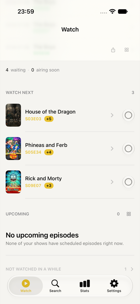 Visto Watch Board preview showing pending episodes and a one tap logging flow